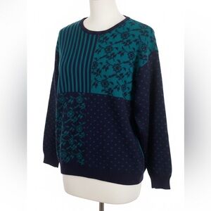 Vtg 80s NOVELLI Blue Floral Striped Colorblock Knit Sweater Womens Medium Petite
